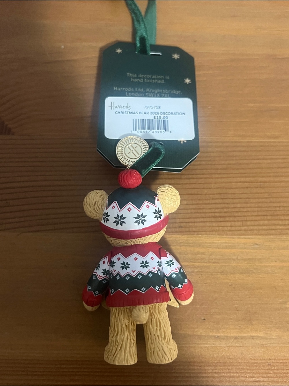 Harrods 2026 Christmas Bear Decoration in Red, Green & Gold Holiday Charm - Picture 4 of 6